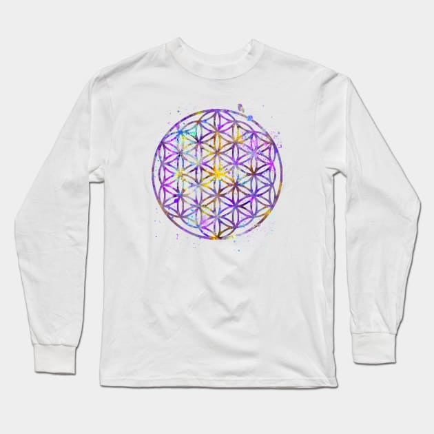 Flower Of Life Watercolor Painting Long Sleeve T-Shirt by Miao Miao Design